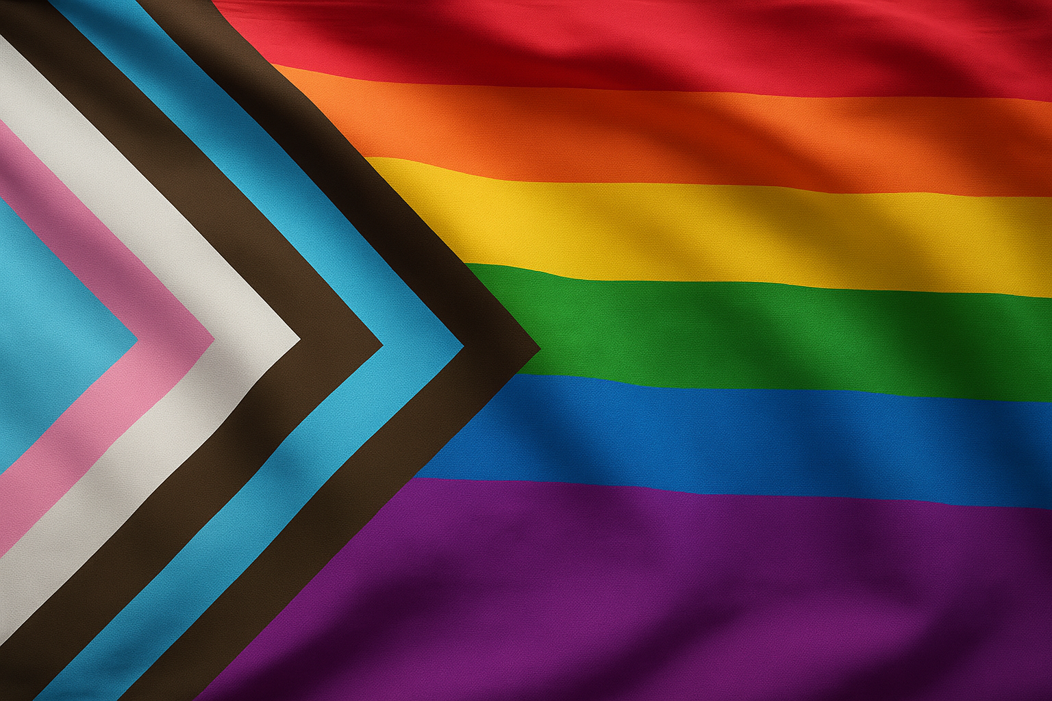 Rainbow flag draped over a skyline at sunset