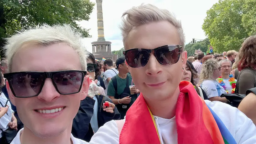 Joe and Alex celebrating pride as a protest at Berlin Pride